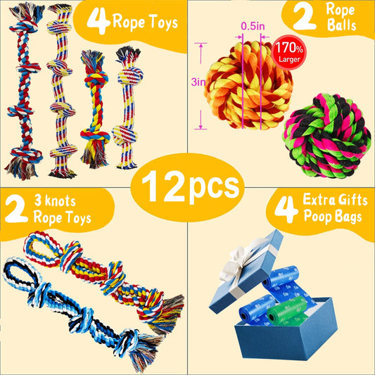 Large Dog Toys for Aggressive Chewers, 12 Pack Rope Toys 